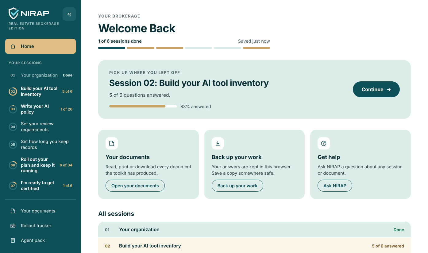 The Responsible AI Toolkit home screen, showing a firm partway through its sessions